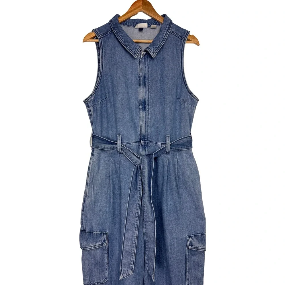 Sleeveless Denim Jumpsuit with Belt - Blue - Picture 3 of 12